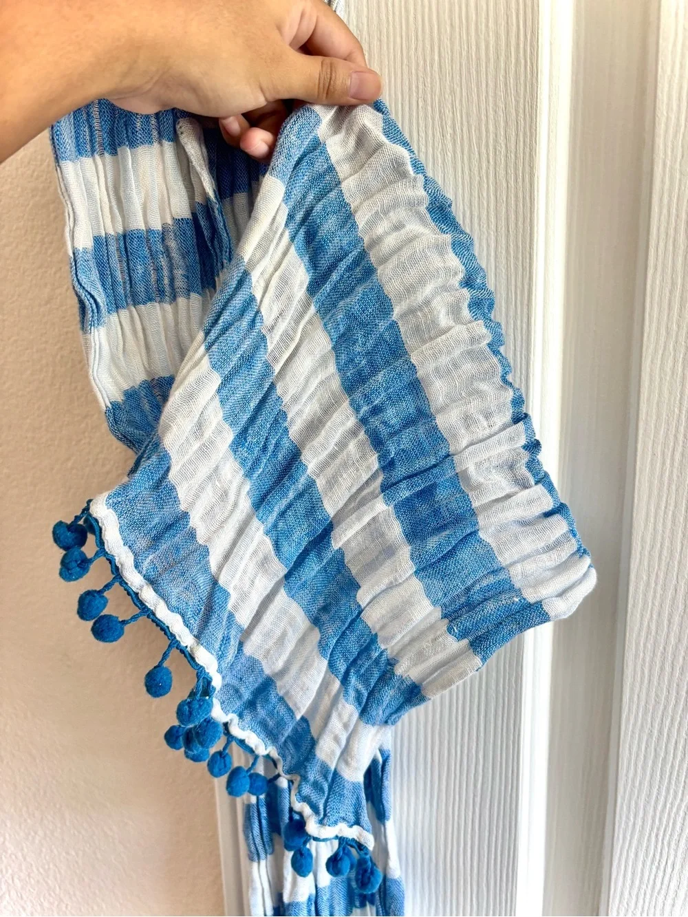 Gap Striped Gauze Cotton Lightweight Boho Scarf Blue Pom-Trim Scarf One Size